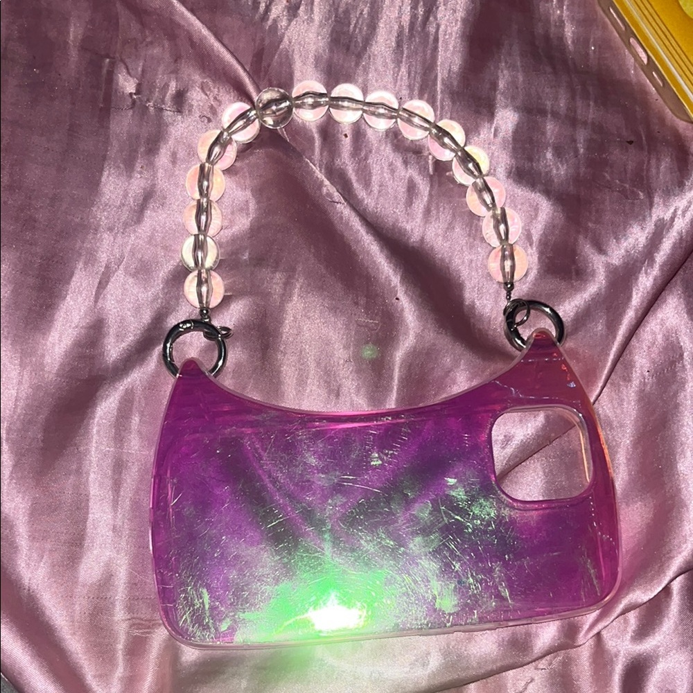iPhone 13 case Pink Transparent Women's Bag with Beaded Handle